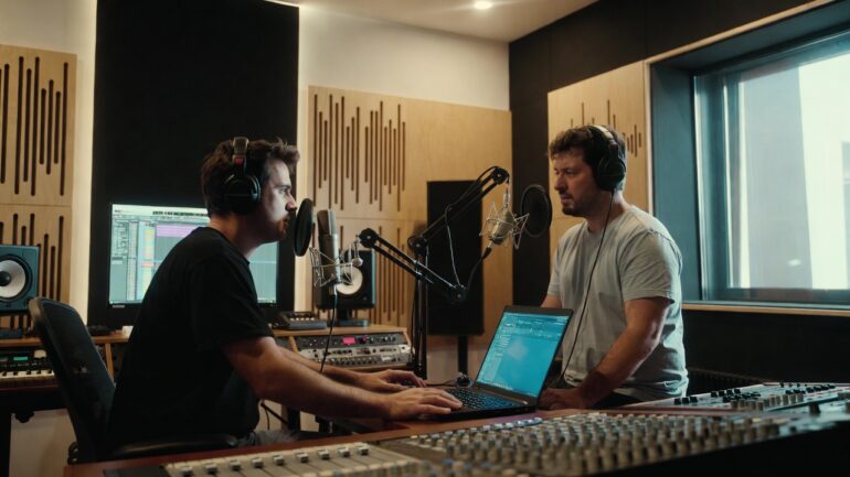 Artiști români în studio lucrând la o piesă nouă în 2026